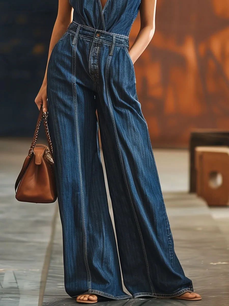【24-hour shipping】V-Neck Casual Loose Sleeveless Vintage Denim Jumpsuit