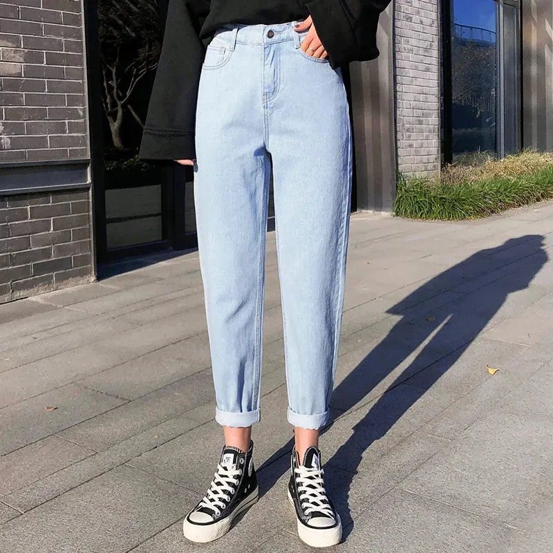 4 Color Mom Jeans Elastic Waist High Waist Denim Pants