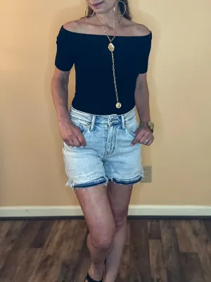 Abigail High Rise Patch Releasesd Hem Denim Shorts
