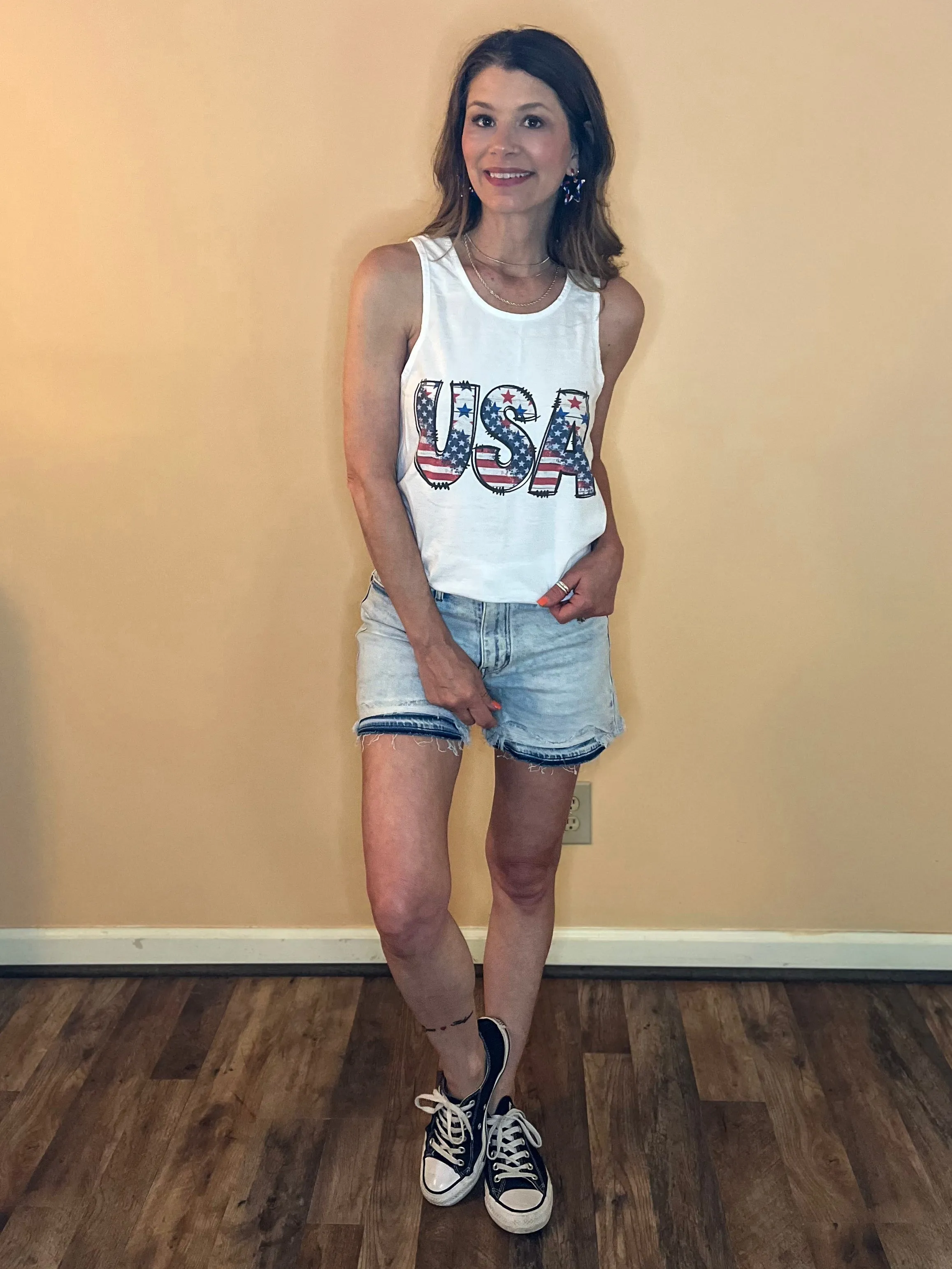 Abigail High Rise Patch Releasesd Hem Denim Shorts