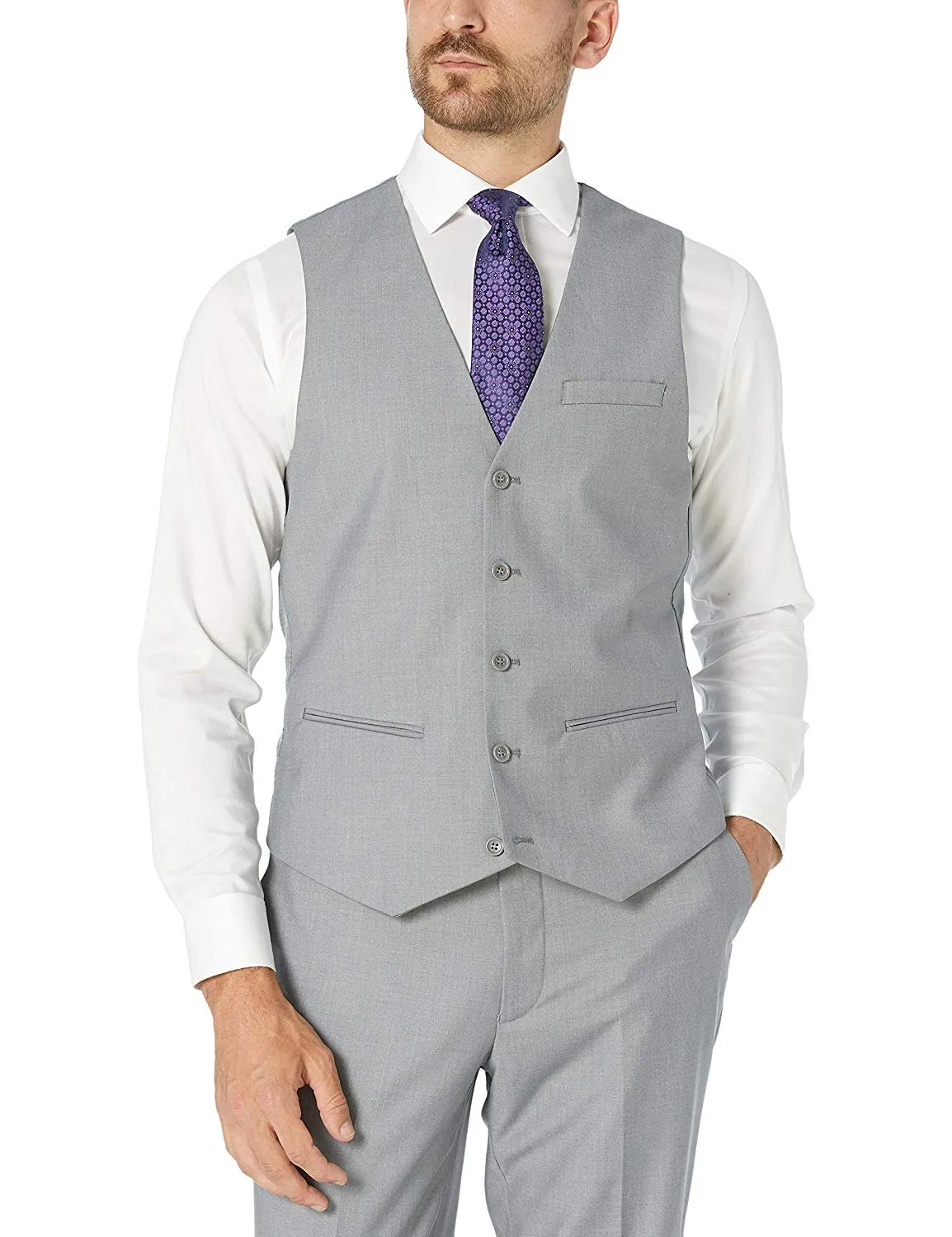 Adam Baker Men's Slim Fit 3-Piece (Jacket, Vets, Trousers) Vested Suit Set - Light Grey & Beige