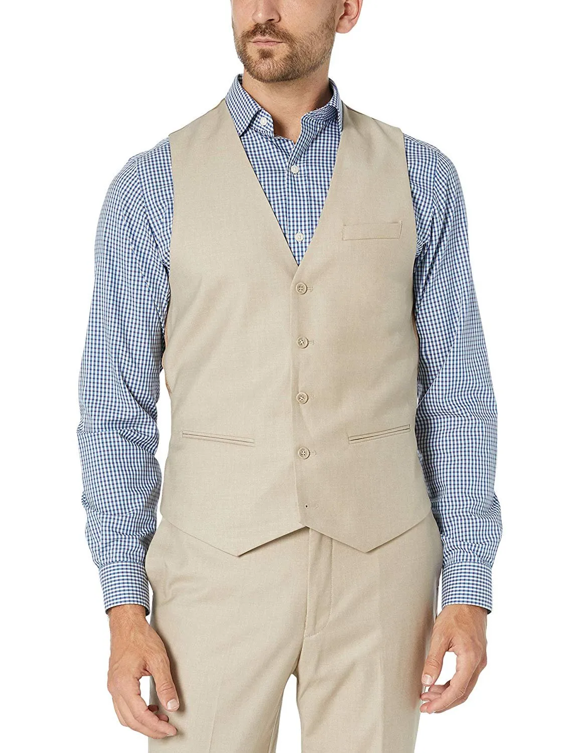 Adam Baker Men's Slim Fit 3-Piece (Jacket, Vets, Trousers) Vested Suit Set - Light Grey & Beige