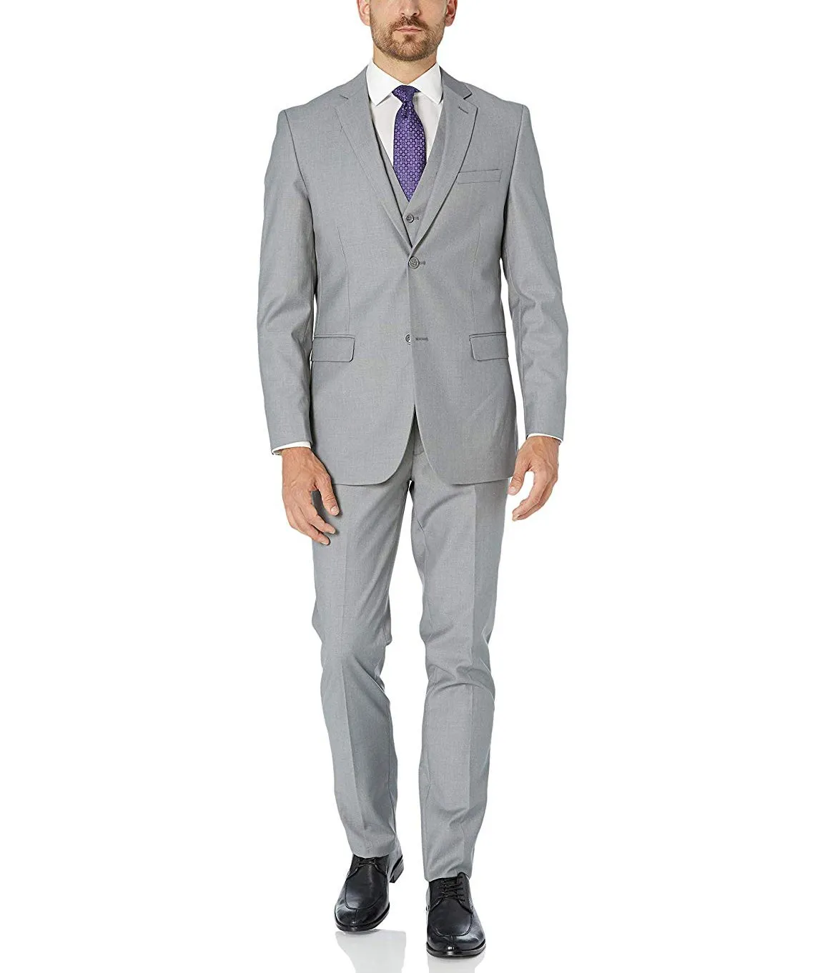 Adam Baker Men's Slim Fit 3-Piece (Jacket, Vets, Trousers) Vested Suit Set - Light Grey & Beige