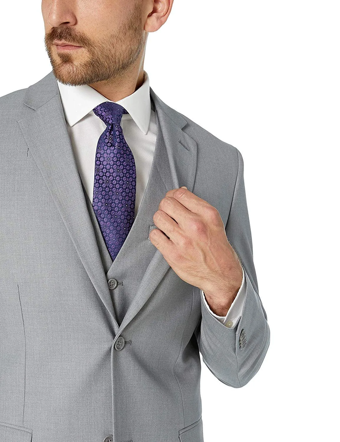 Adam Baker Men's Slim Fit 3-Piece (Jacket, Vets, Trousers) Vested Suit Set - Light Grey & Beige