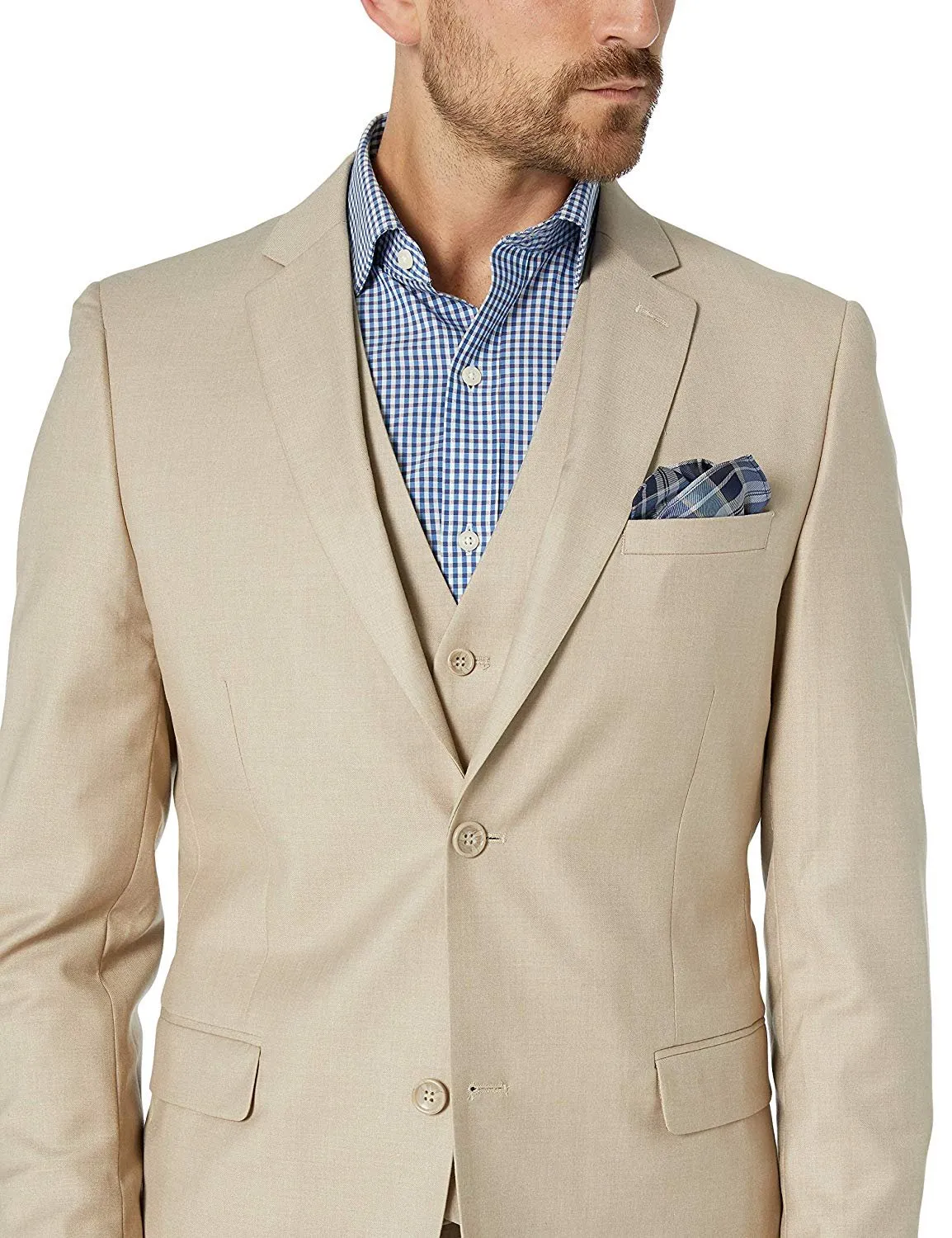 Adam Baker Men's Slim Fit 3-Piece (Jacket, Vets, Trousers) Vested Suit Set - Light Grey & Beige