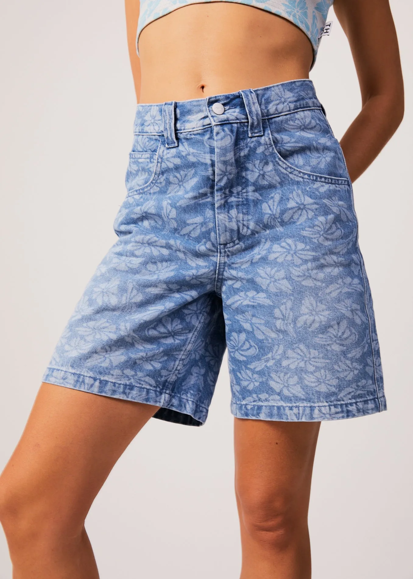 AFENDS Womens Emilie - Denim Floral Carpenter Shorts - Floral Blue