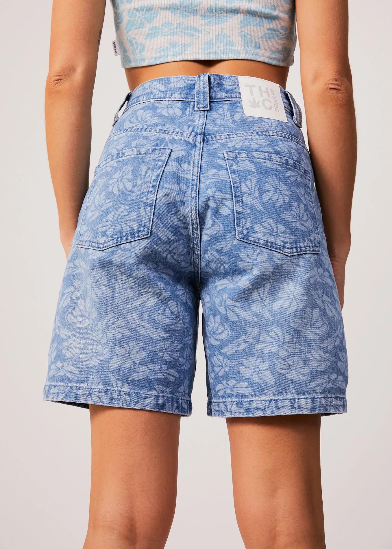 AFENDS Womens Emilie - Denim Floral Carpenter Shorts - Floral Blue