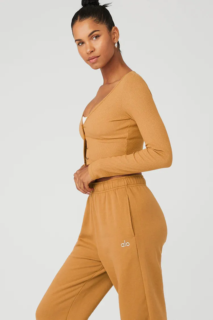 Alo Yoga Women's Whisper Ribbed Cropped Cardigan Sweater - Toffee Brown