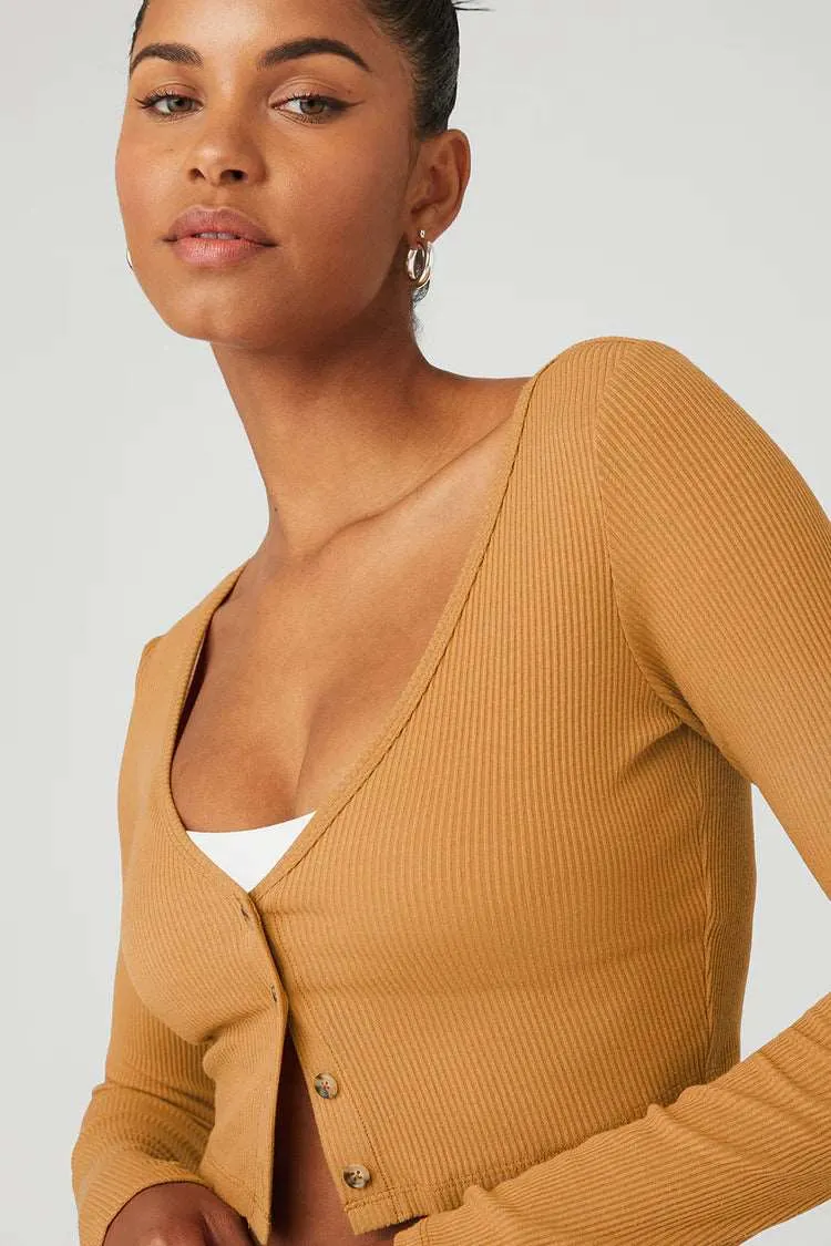 Alo Yoga Women's Whisper Ribbed Cropped Cardigan Sweater - Toffee Brown