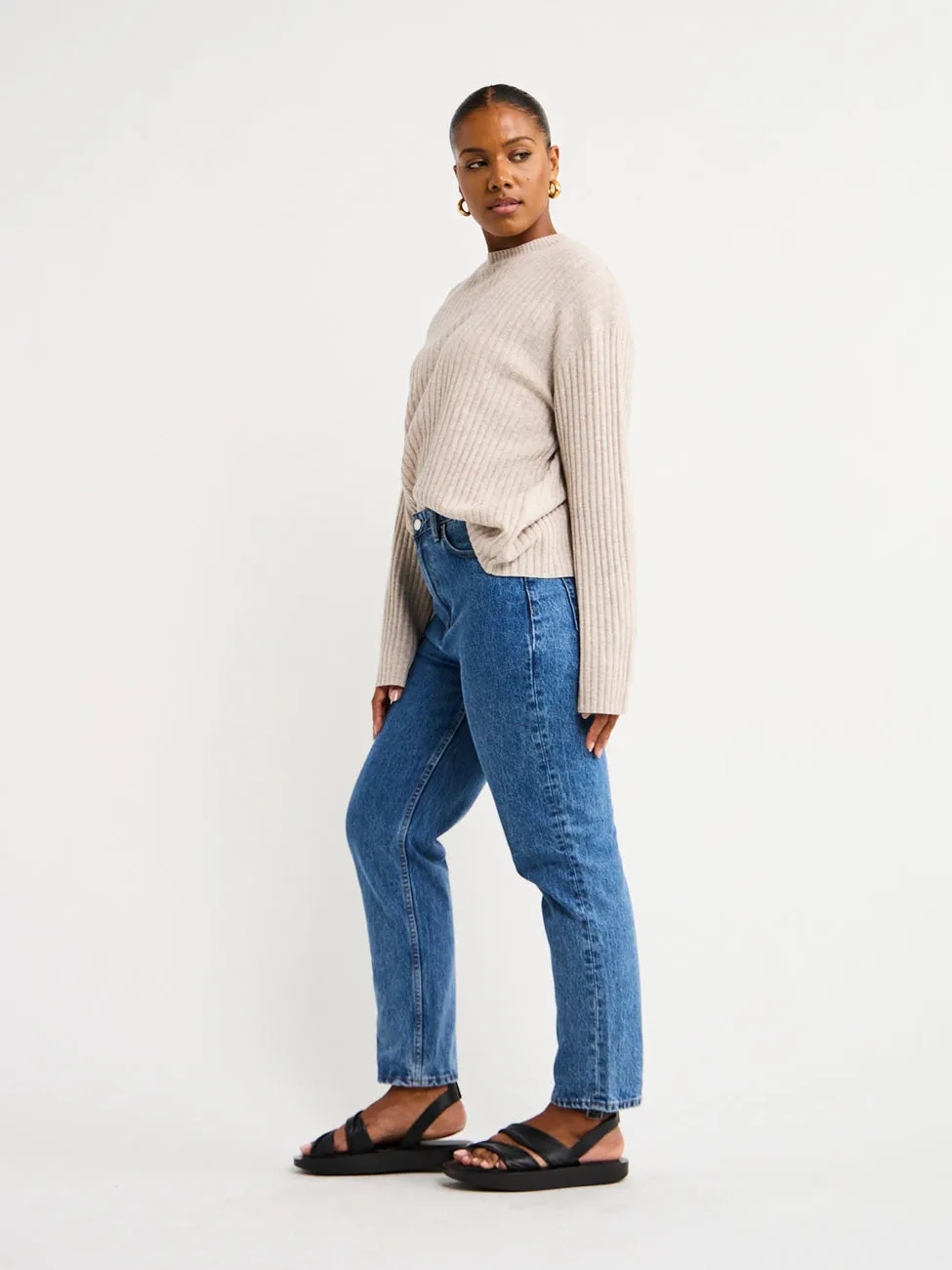 Assembly Label Wool Cashmere Rib Long Sleeve Top in Oat Marle