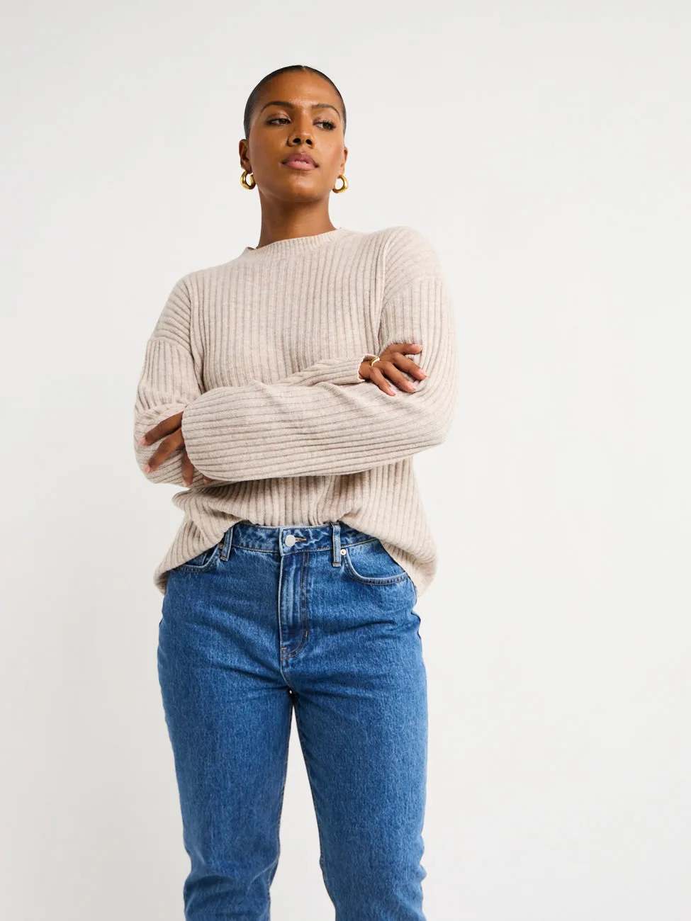 Assembly Label Wool Cashmere Rib Long Sleeve Top in Oat Marle