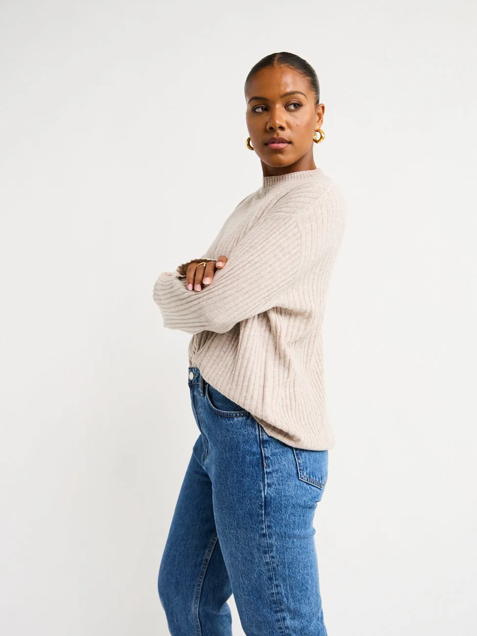 Assembly Label Wool Cashmere Rib Long Sleeve Top in Oat Marle