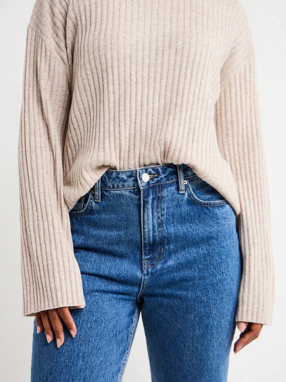 Assembly Label Wool Cashmere Rib Long Sleeve Top in Oat Marle