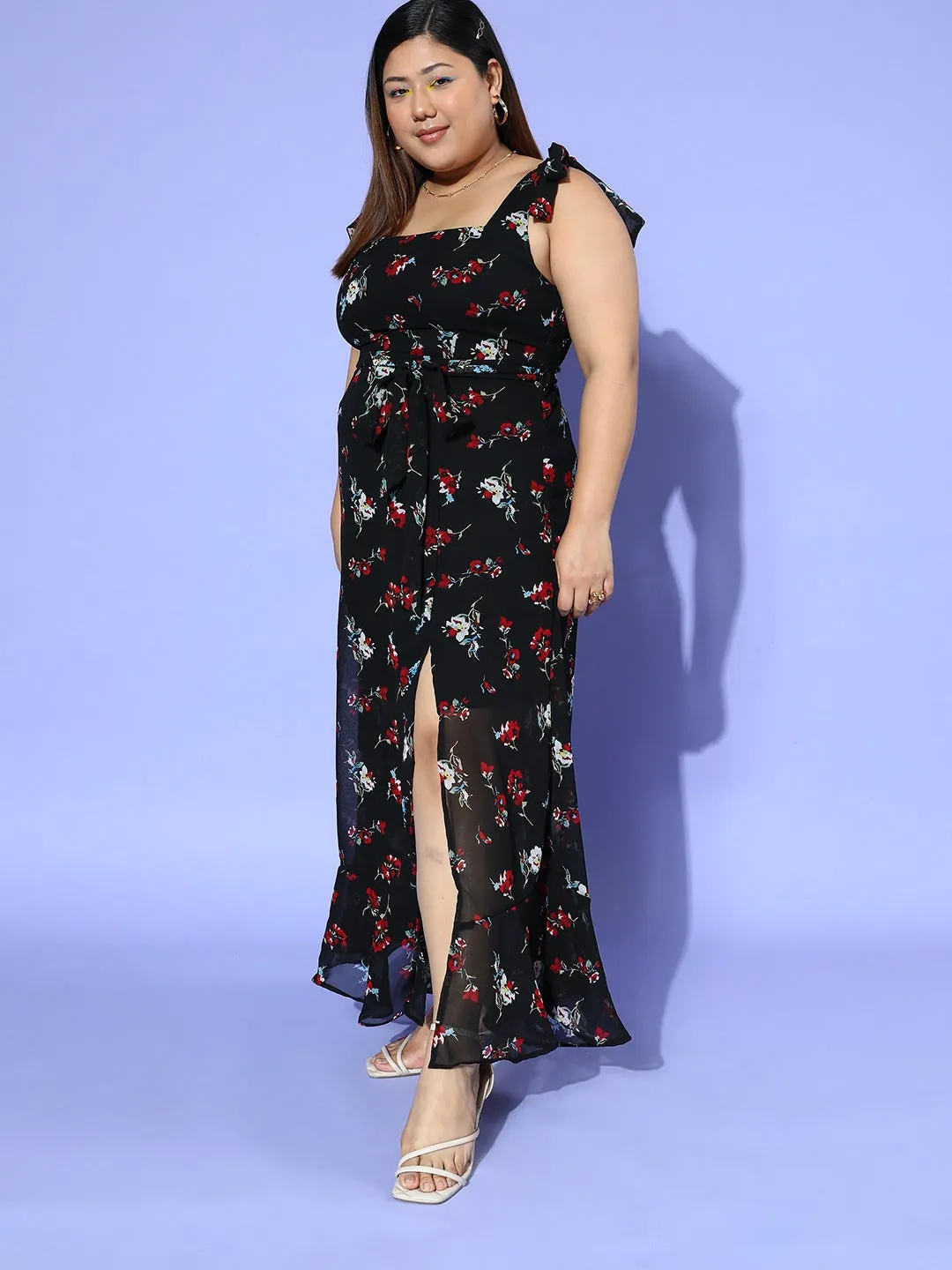 Berrylush Women Plus Size Black & Red Floral Printed Square Neck Waist Tie-Up Georgette Thigh-High Slit Flared A-Line Maxi Dress