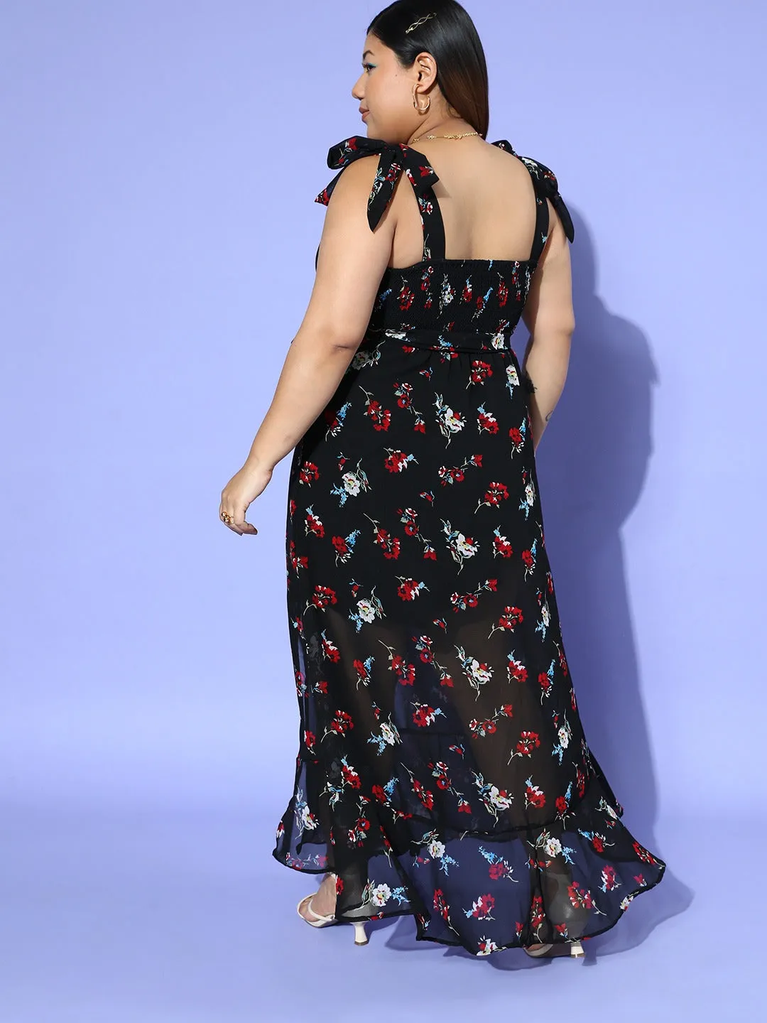Berrylush Women Plus Size Black & Red Floral Printed Square Neck Waist Tie-Up Georgette Thigh-High Slit Flared A-Line Maxi Dress