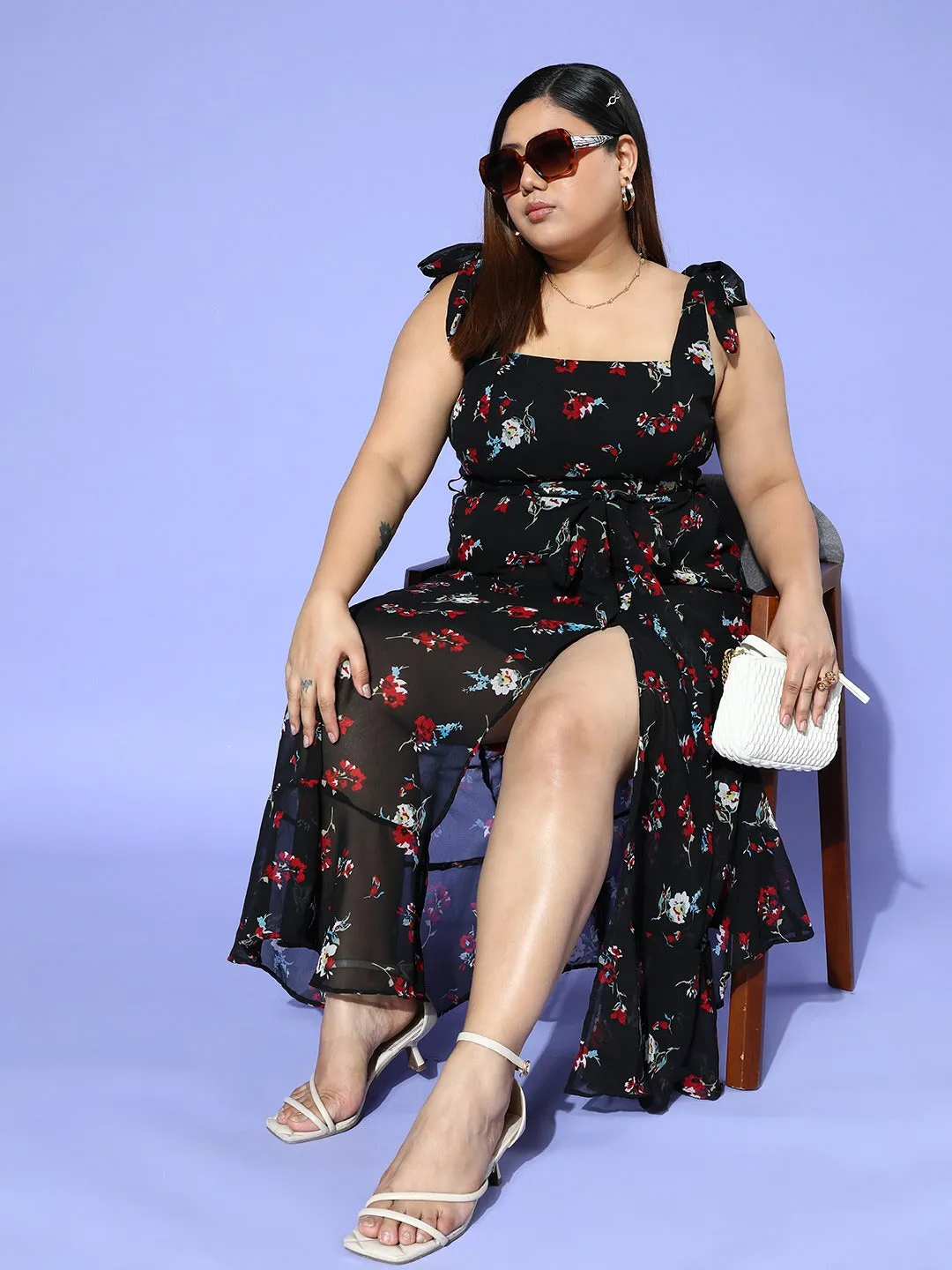 Berrylush Women Plus Size Black & Red Floral Printed Square Neck Waist Tie-Up Georgette Thigh-High Slit Flared A-Line Maxi Dress