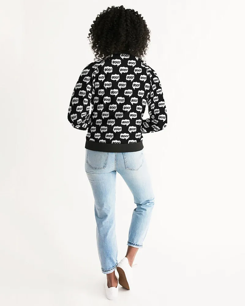 Black Halloween BOO Pattern Women's Bomber Jacket