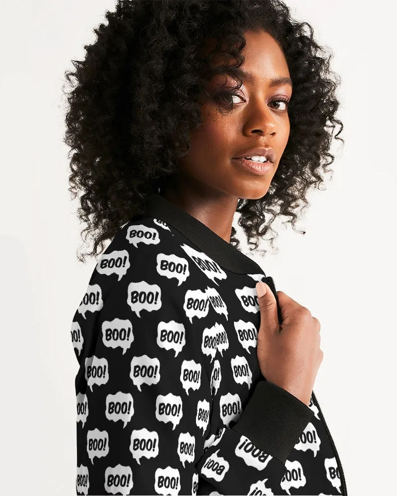 Black Halloween BOO Pattern Women's Bomber Jacket