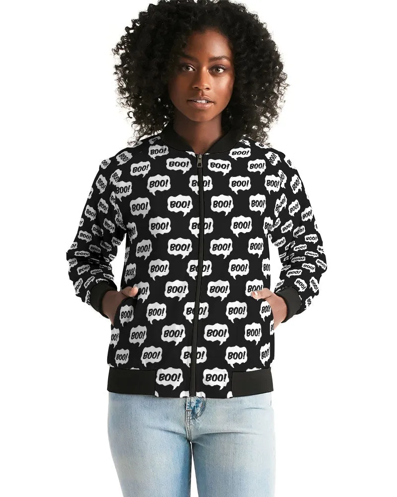 Black Halloween BOO Pattern Women's Bomber Jacket