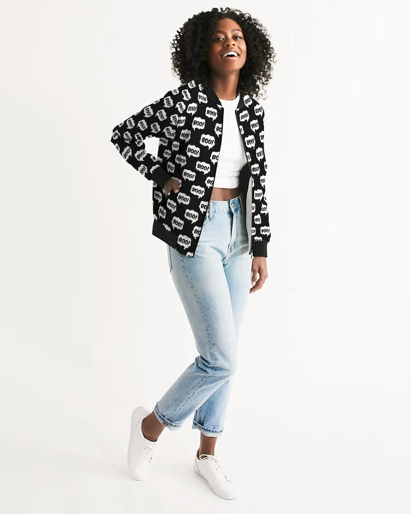 Black Halloween BOO Pattern Women's Bomber Jacket