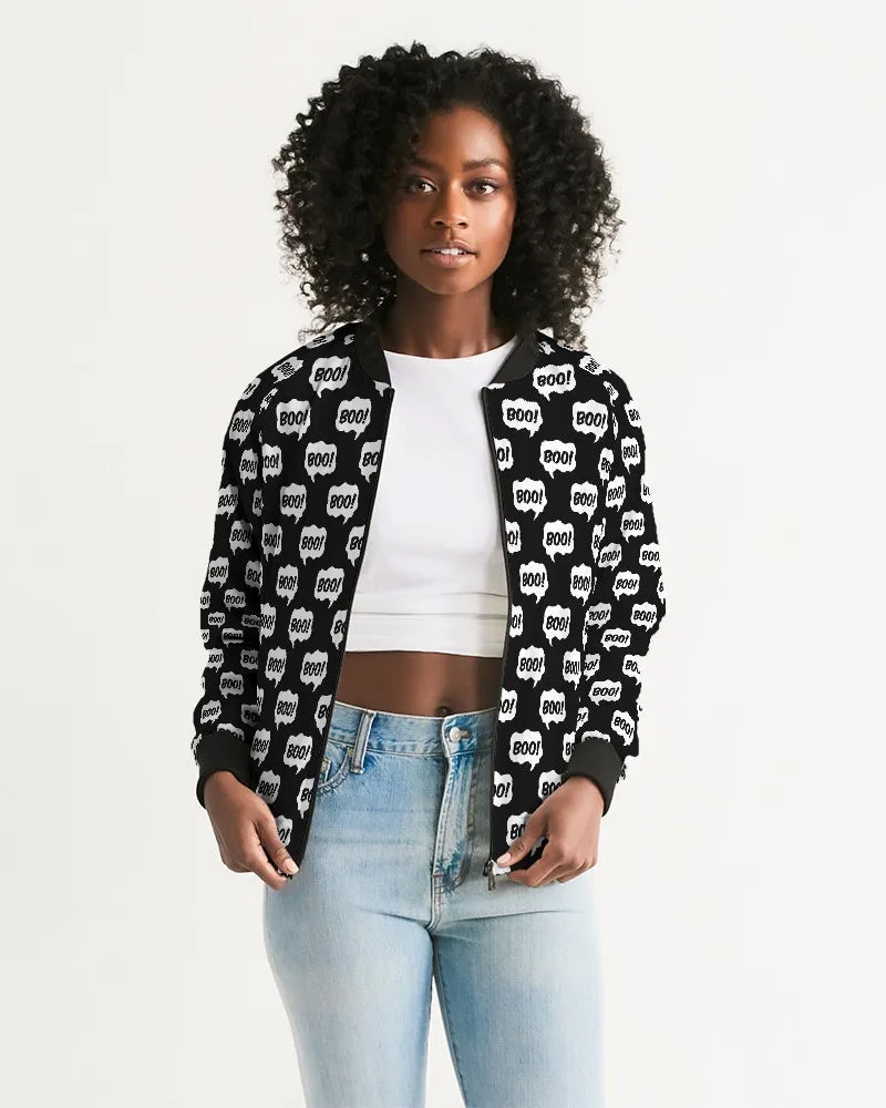 Black Halloween BOO Pattern Women's Bomber Jacket