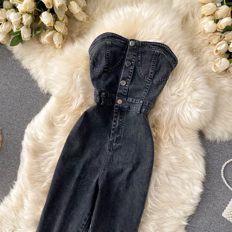 Button Strapless Slim Denim Jeans Jumpsuit Outfit
