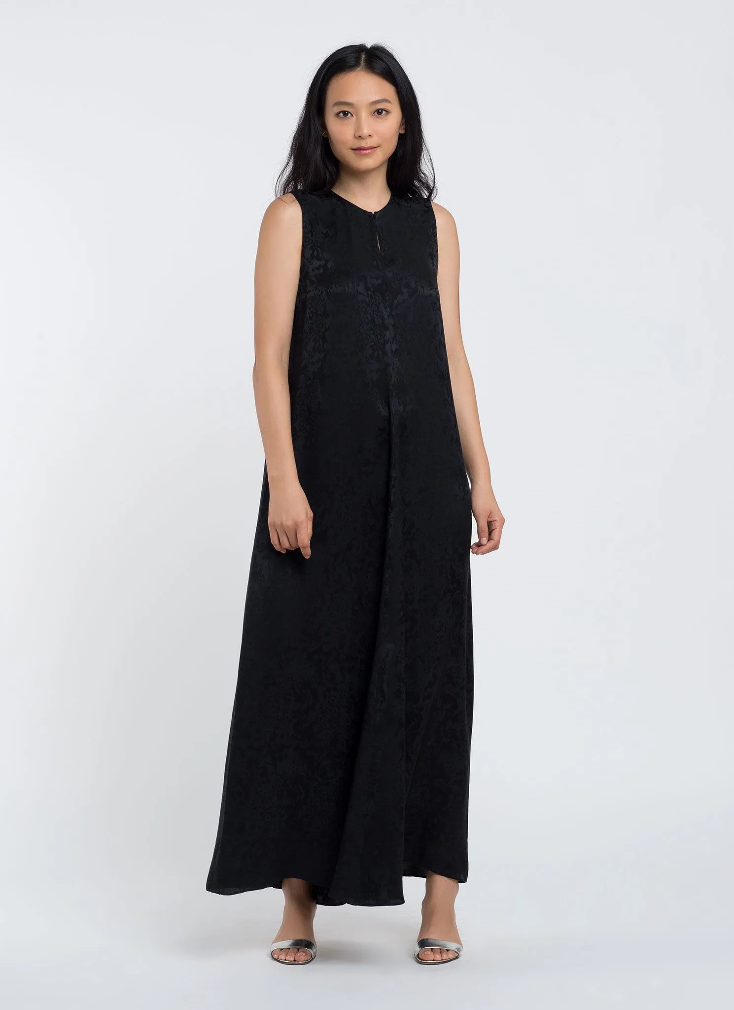Calo Front Seam Sleeveless A-Line Silk Dress - Black Floral