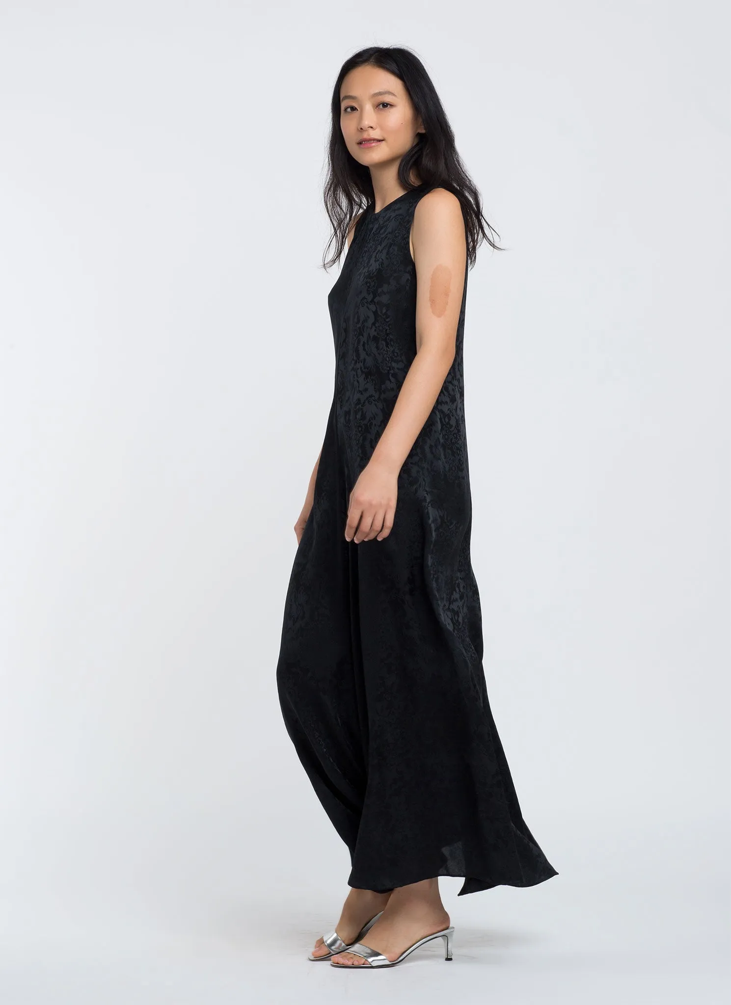 Calo Front Seam Sleeveless A-Line Silk Dress - Black Floral