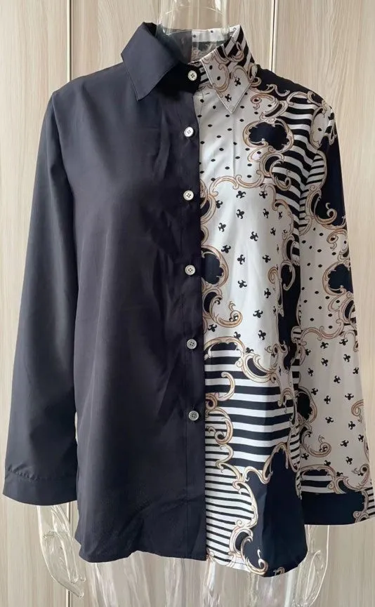 Cardigan Long Sleeve V-neck Color-block Retro Shirt Top