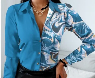 Cardigan Long Sleeve V-neck Color-block Retro Shirt Top