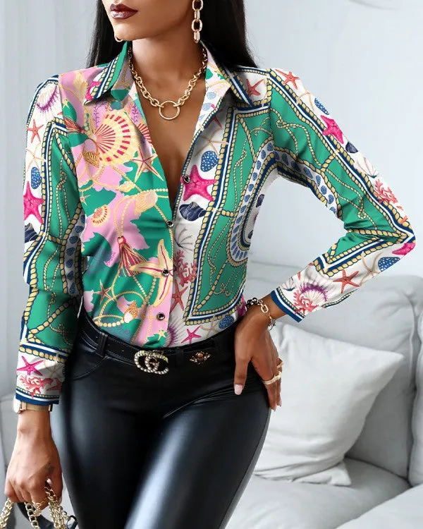 Cardigan Long Sleeve V-neck Color-block Retro Shirt Top