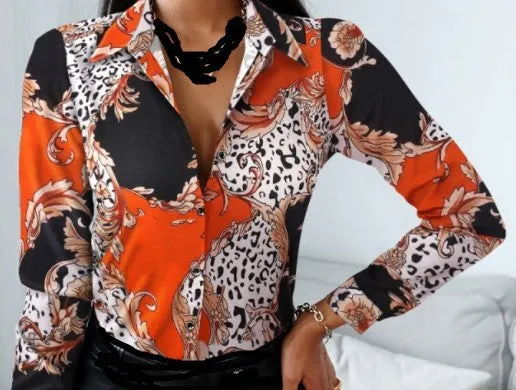 Cardigan Long Sleeve V-neck Color-block Retro Shirt Top