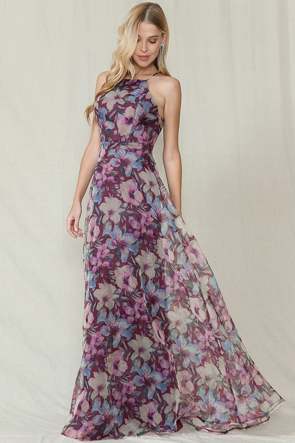 Carmella High Neck Floral Organza Maxi Dress