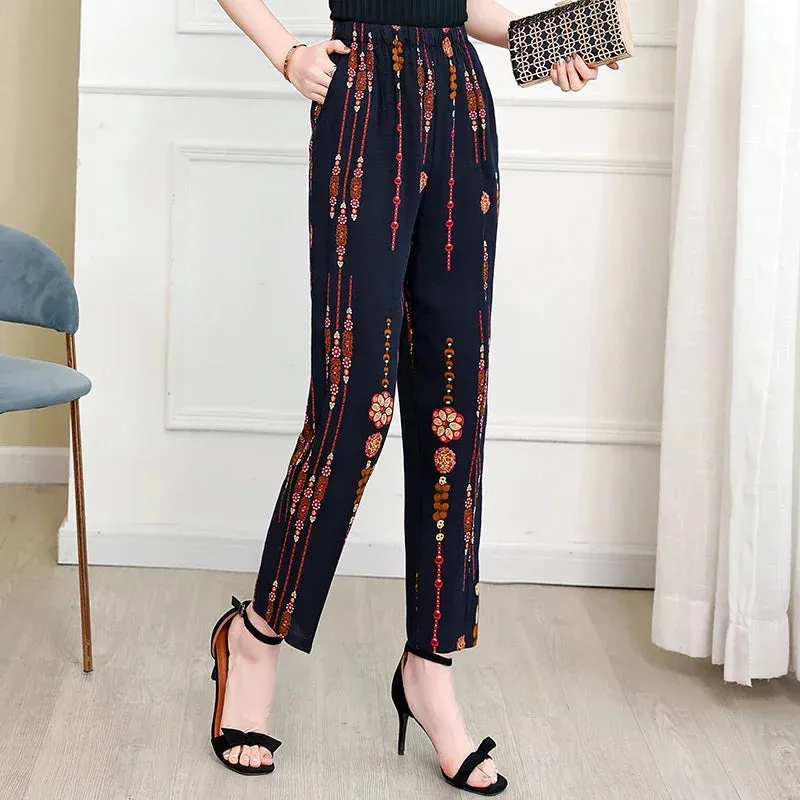 Casual High Waist Harem Printed Pants Elastic Waist Bottoms