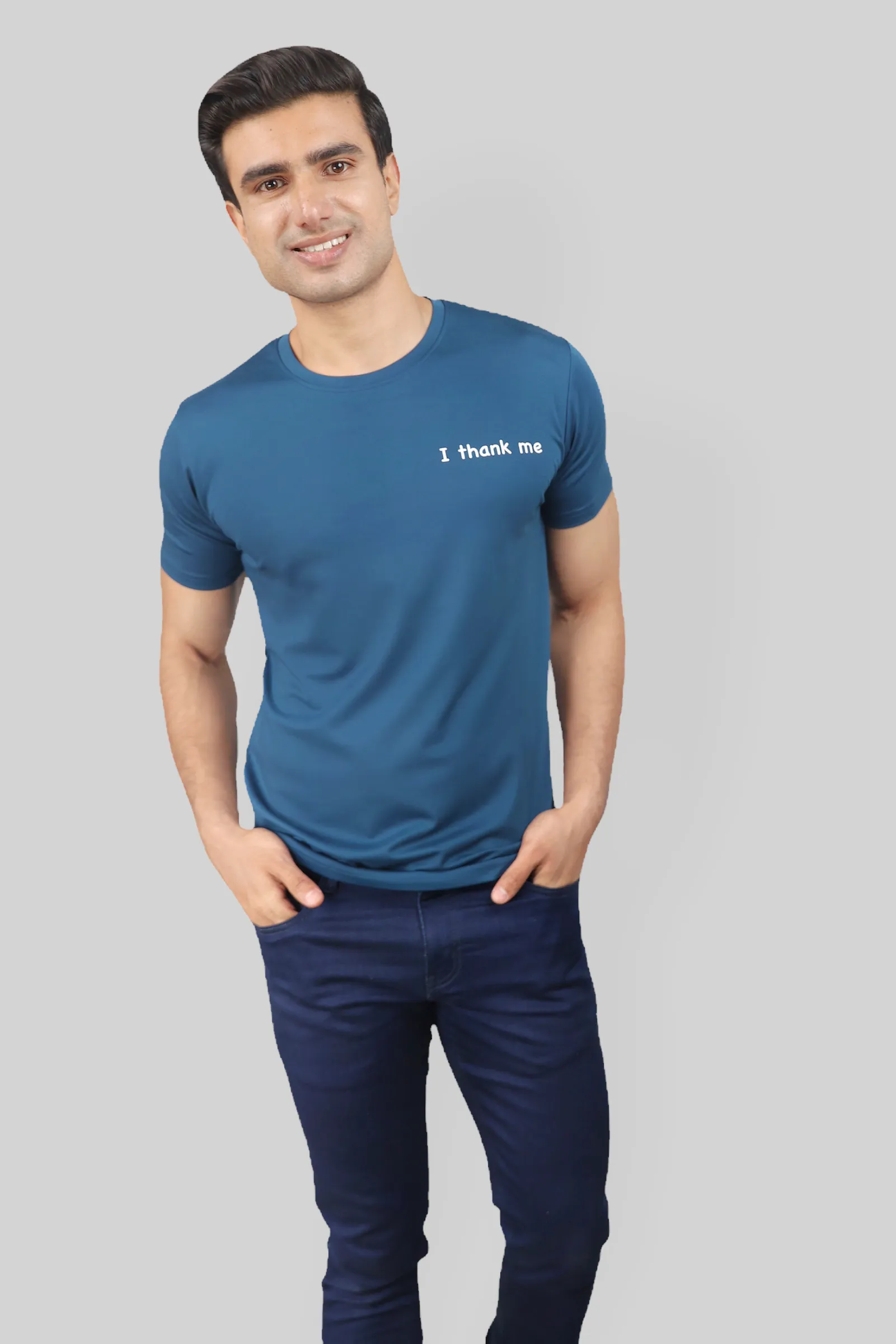 Classic Italian Blue I THANK ME printed T-shirt for men