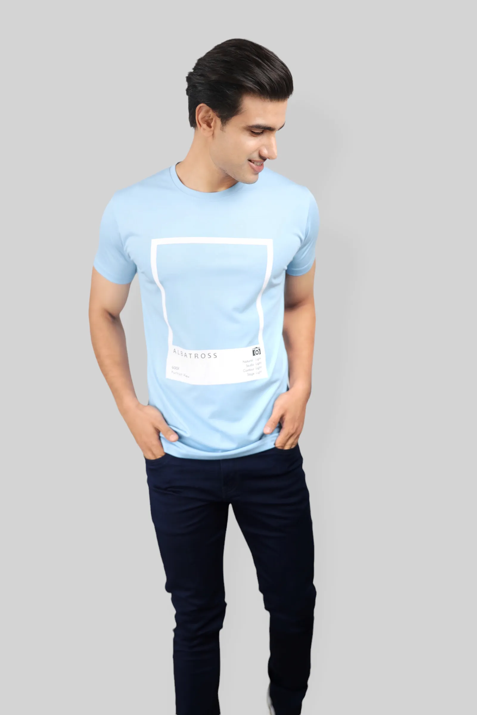 Classic Italian Sky blue portrait printed T-shirt for men