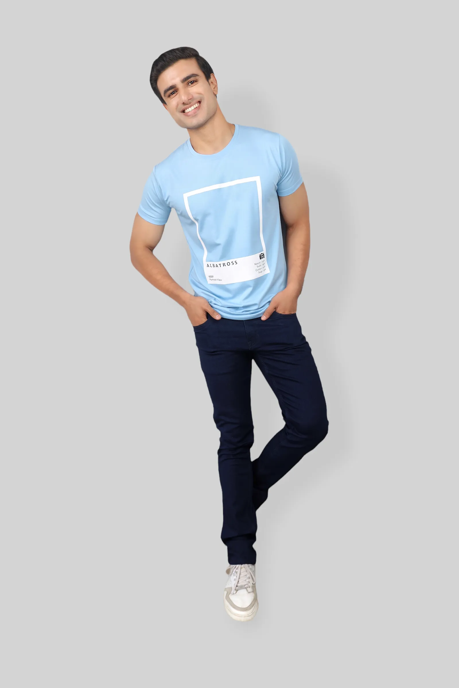 Classic Italian Sky blue portrait printed T-shirt for men