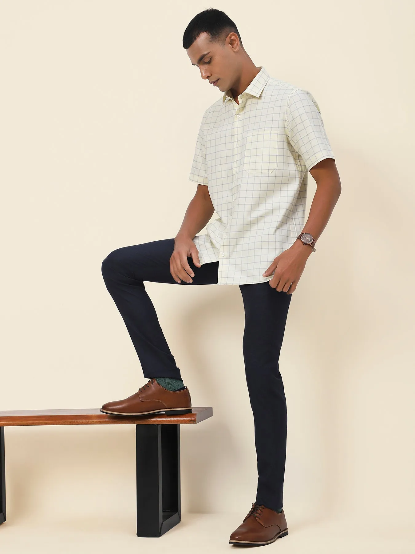 Cotton Lemon Checkered Half Sleeve Formal Shirt