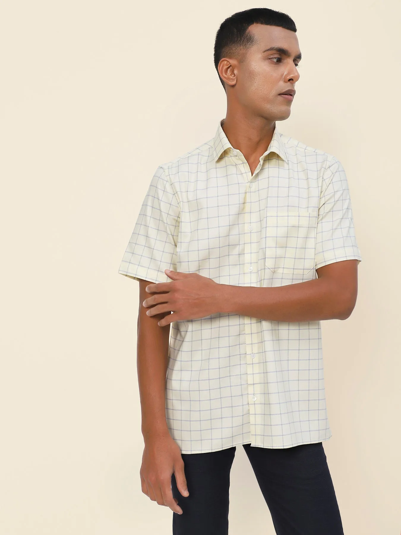 Cotton Lemon Checkered Half Sleeve Formal Shirt