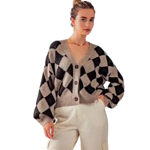 Diamond Print Drop Shoulder Knit Cardigan - Black
