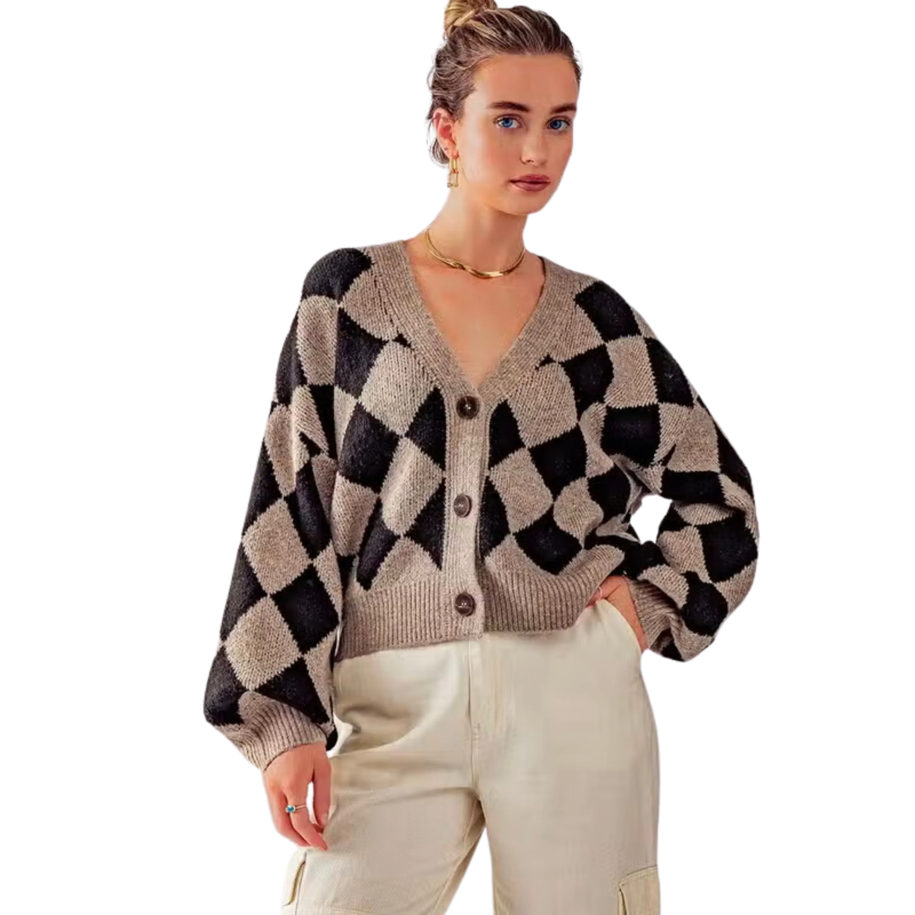 Diamond Print Drop Shoulder Knit Cardigan - Black
