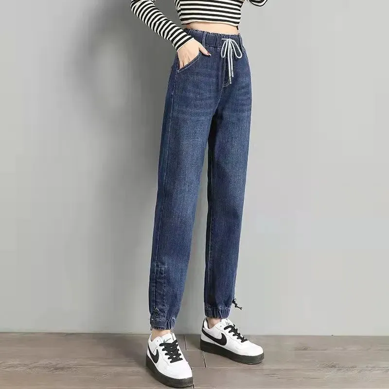 Drawstring Ankle-length Loose Jogger Jeans Solid Color Streetwear
