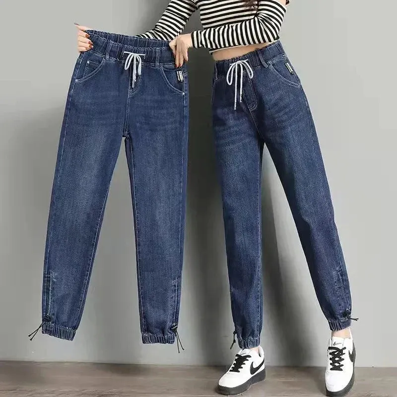 Drawstring Ankle-length Loose Jogger Jeans Solid Color Streetwear