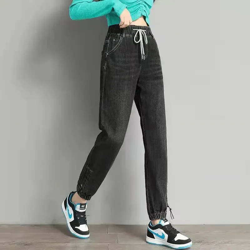 Drawstring Ankle-length Loose Jogger Jeans Solid Color Streetwear