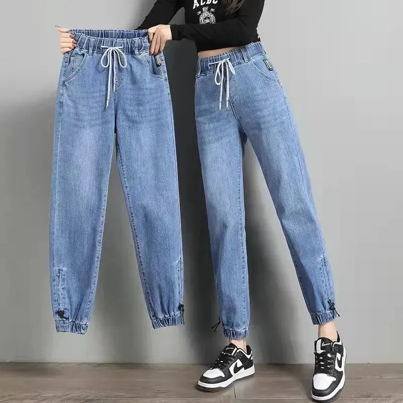 Drawstring Ankle-length Loose Jogger Jeans Solid Color Streetwear
