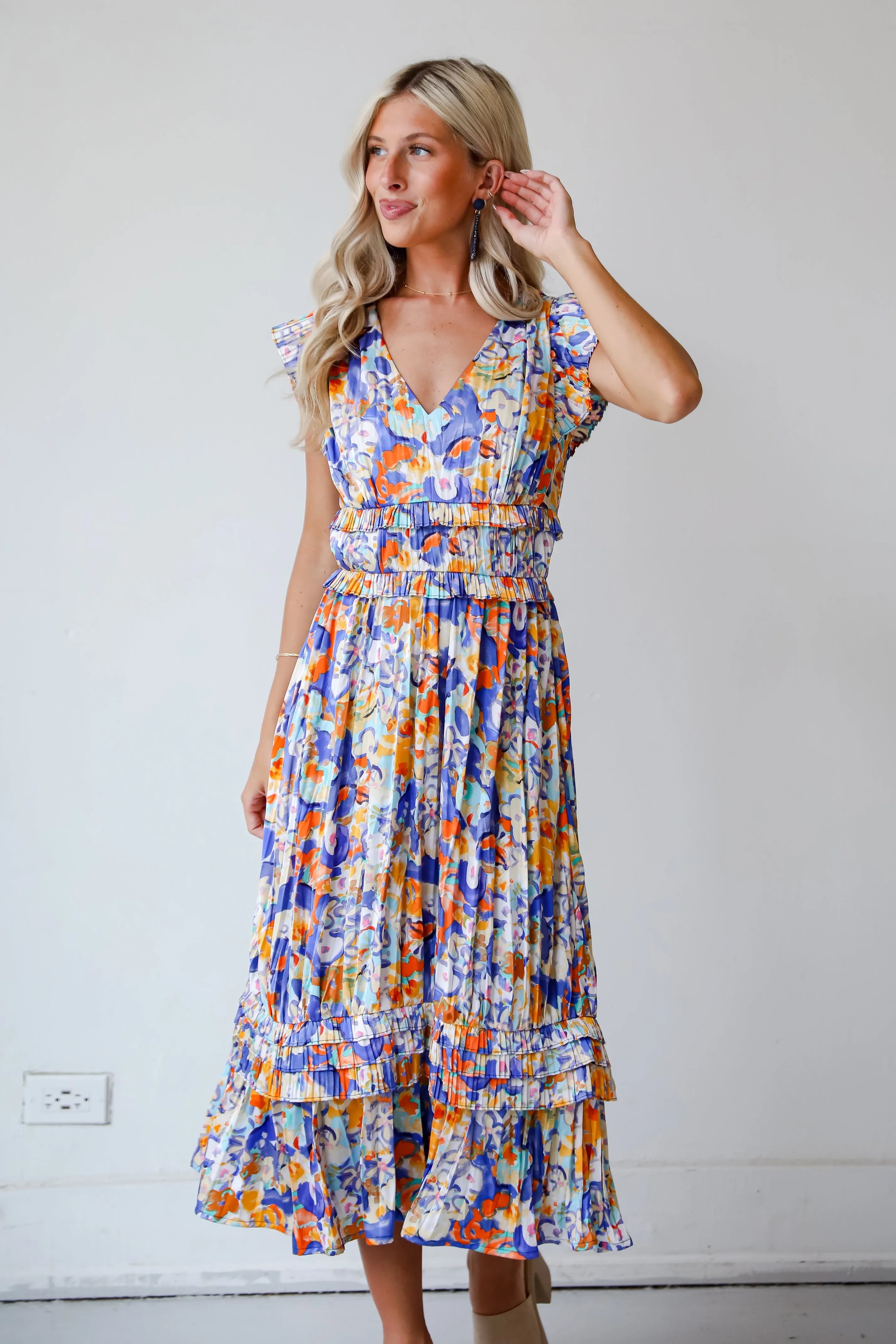 FINAL SALE - Ethereal Muse Royal Blue Satin Floral Midi Dress