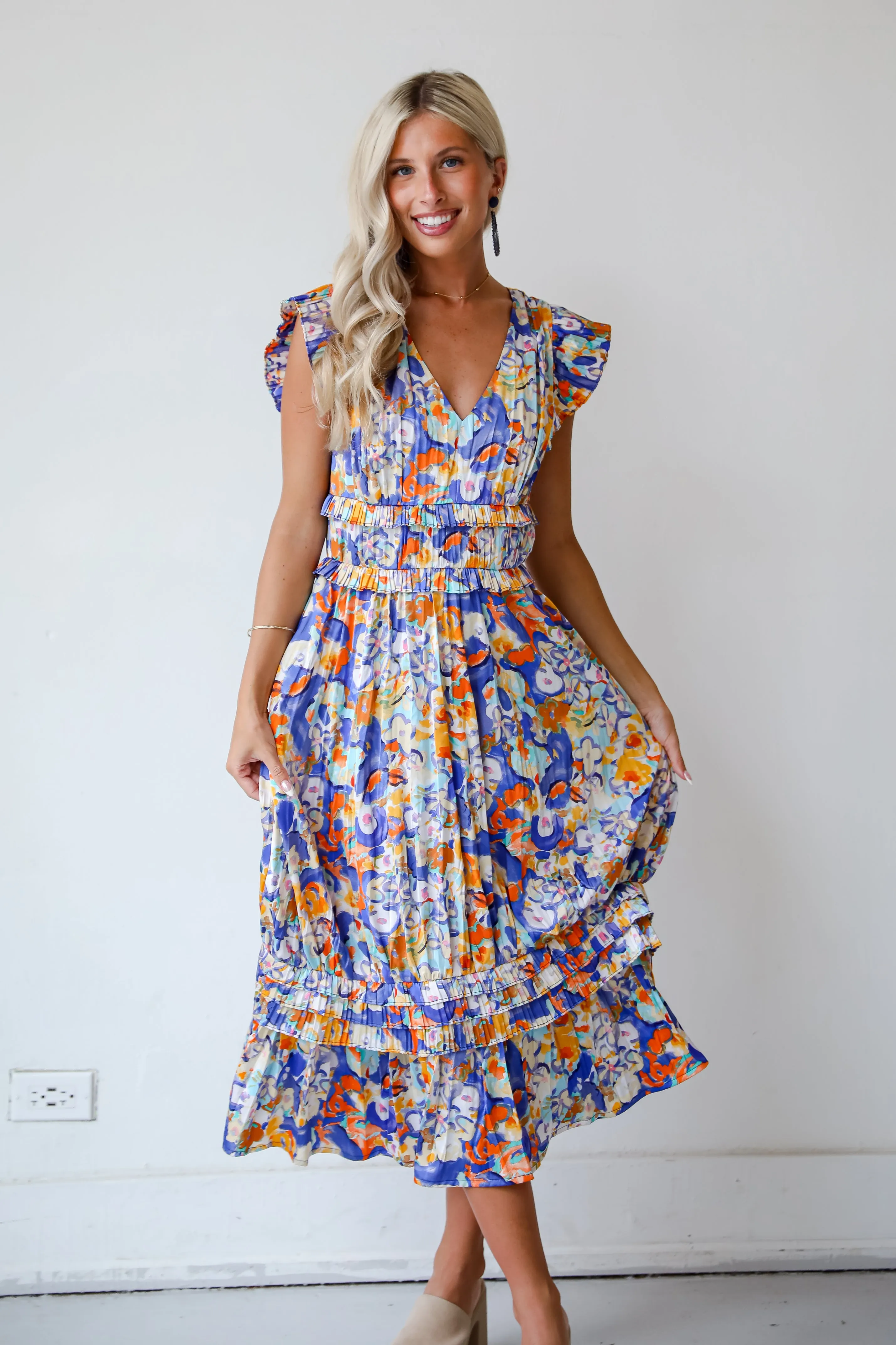 FINAL SALE - Ethereal Muse Royal Blue Satin Floral Midi Dress