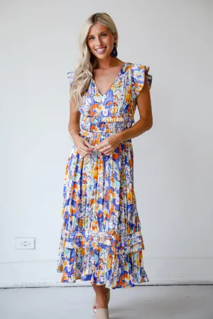 FINAL SALE - Ethereal Muse Royal Blue Satin Floral Midi Dress