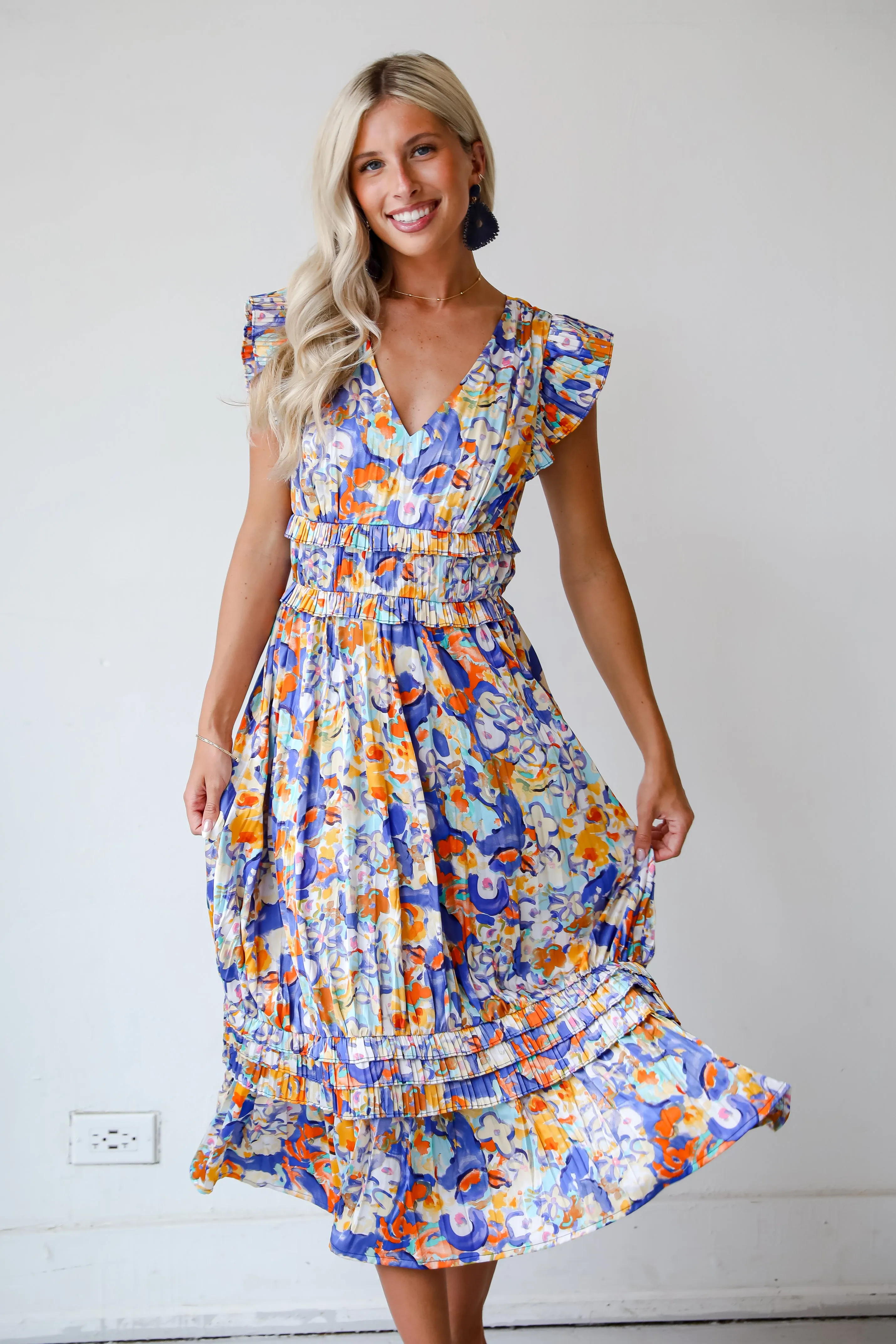 FINAL SALE - Ethereal Muse Royal Blue Satin Floral Midi Dress