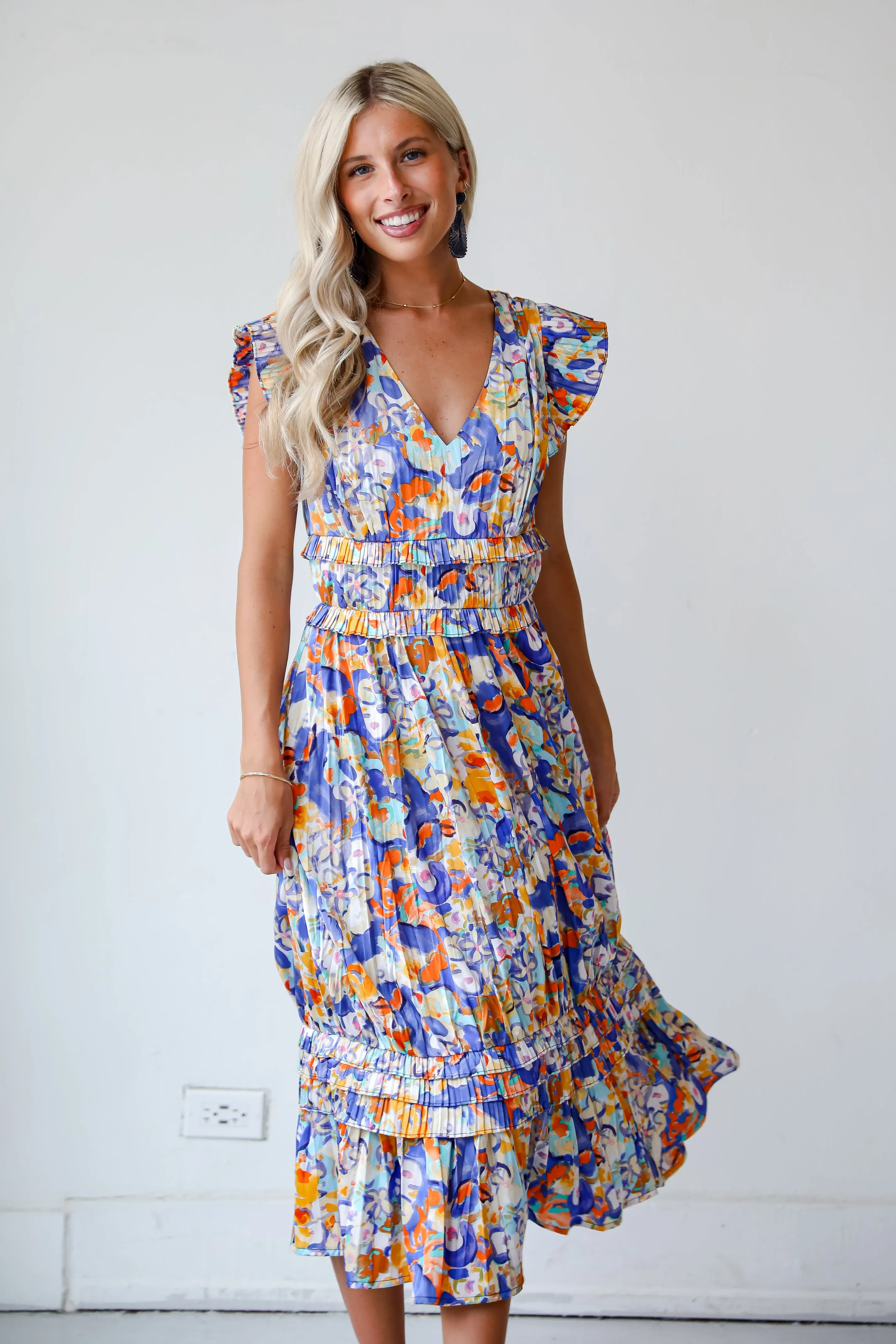 FINAL SALE - Ethereal Muse Royal Blue Satin Floral Midi Dress